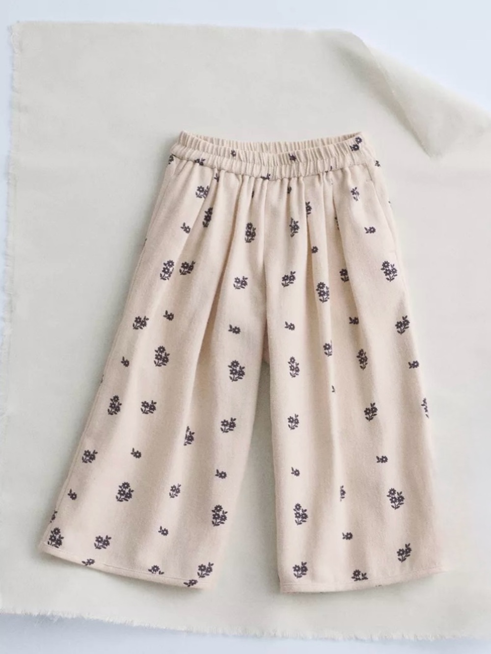 Zara Kids Beige Floral Wide-Leg Cotton Pants Size 3